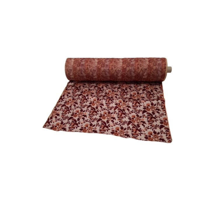 Material textil din bumbac si poliester, Imprimeu floreal, Alb, Rosu, 140x100 cm