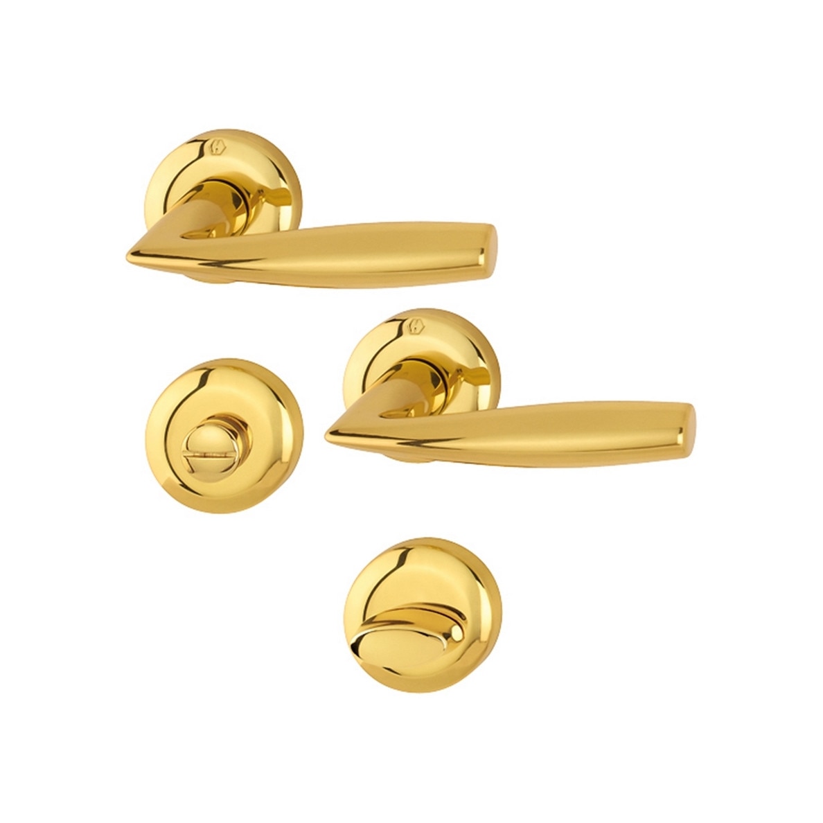 Maner usa interior, Hoppe Vitoria, cu rozeta pentru baie, material alama, auriu, 123x52mm