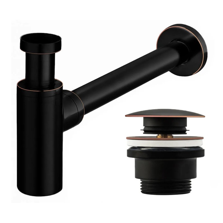 Sifon de scurgere universal Old Black+ventil klik-klak, sistem Push-up, finisaj Negru Mat
