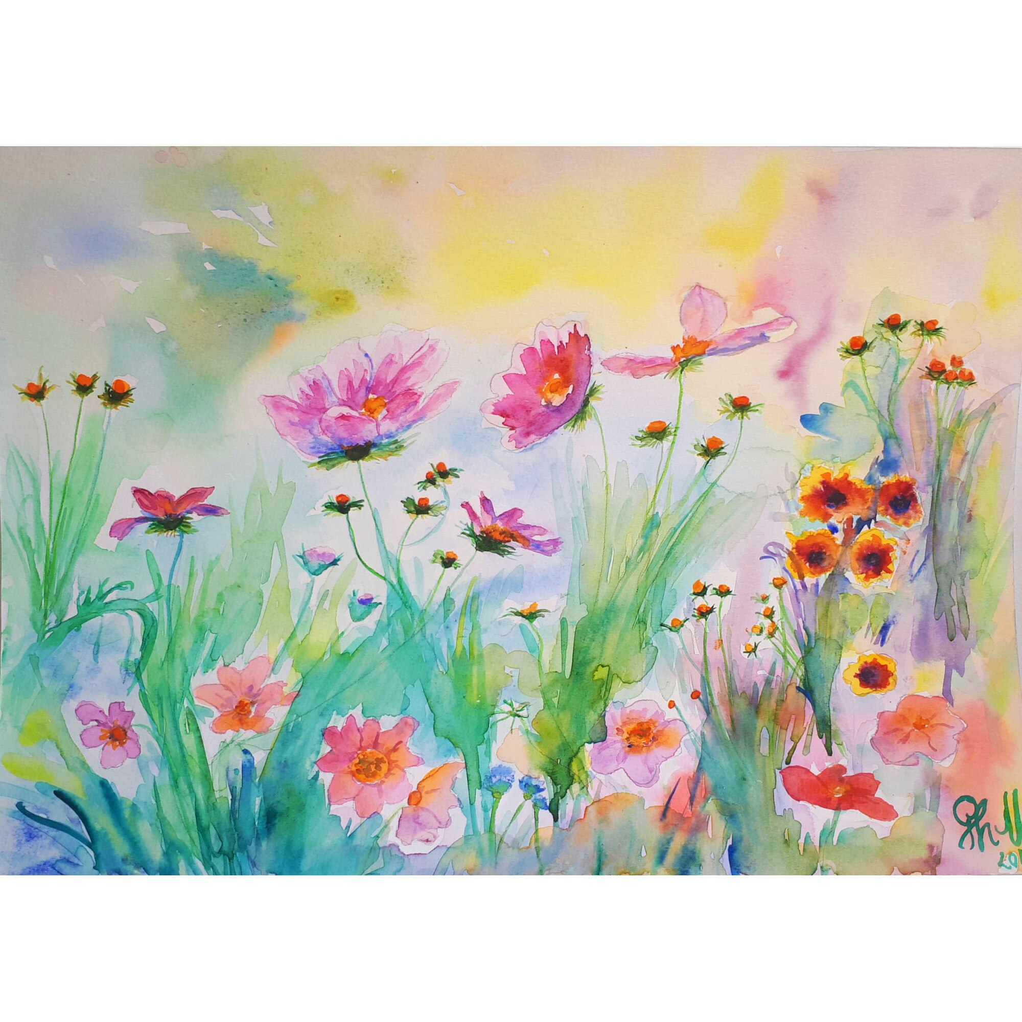 Tablou Camp de Flori in acuarela, pictat manual de Artemisia dimensiune 30 x 43 cm