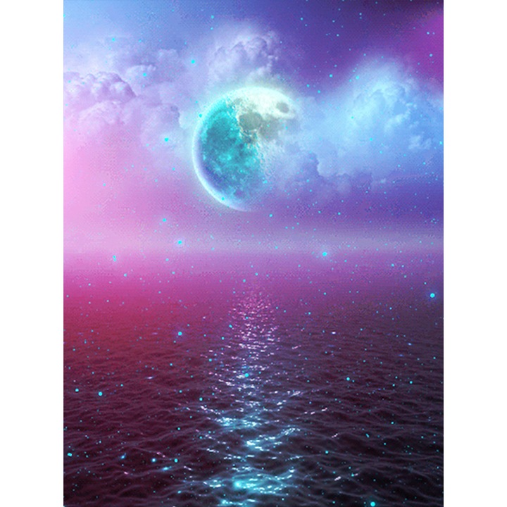 Kit broderie cu diamante rotunde, 5D, 39.8 x 29.8 cm, Model nocturn, Multicolor