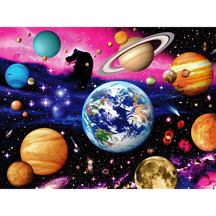 Kit broderie cu diamante rotunde, 5D, 30 x 40 cm, Model planete, Multicolor