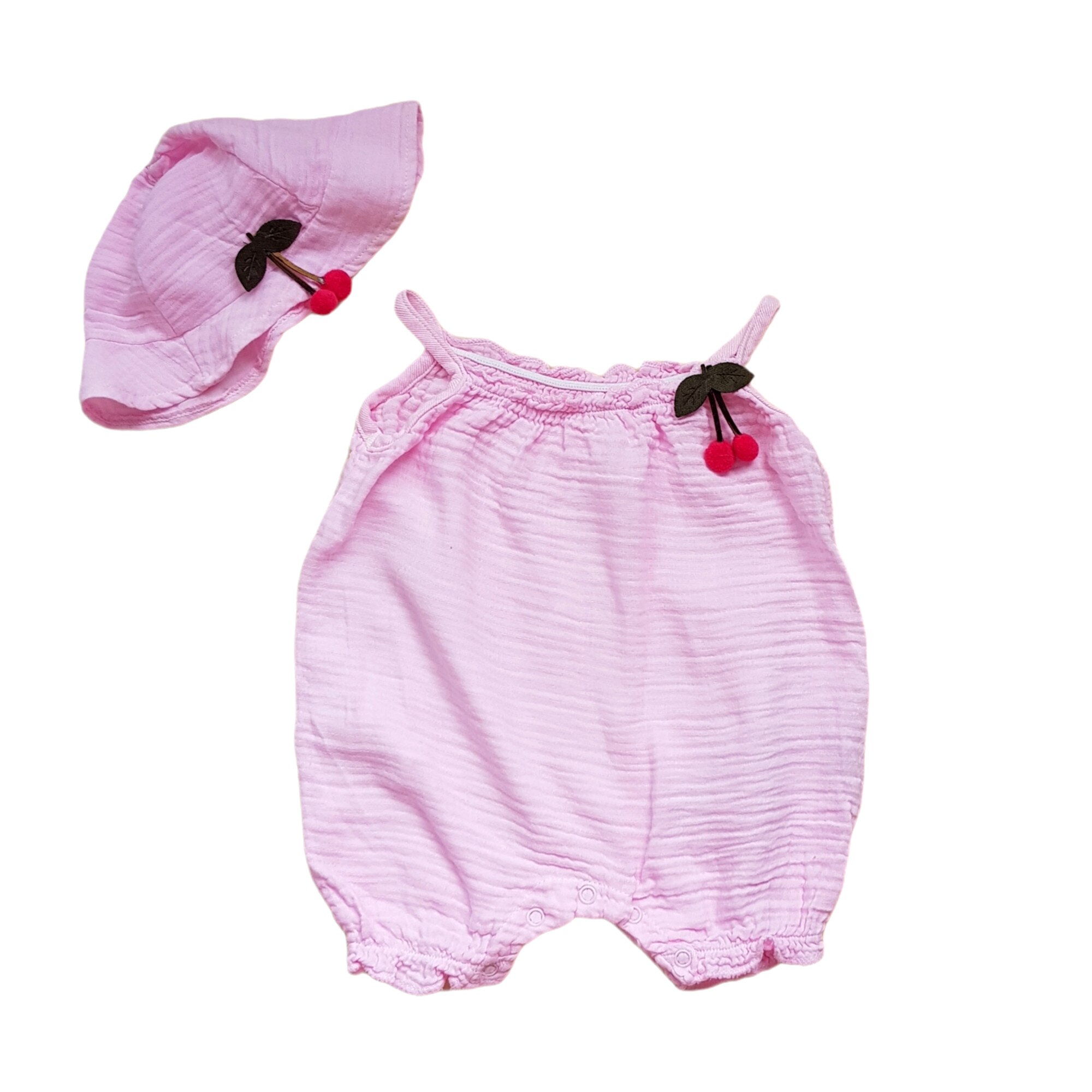 Salopeta romper cu palarie de bumbac, varsta 6-9 luni, 74 cm, Roz