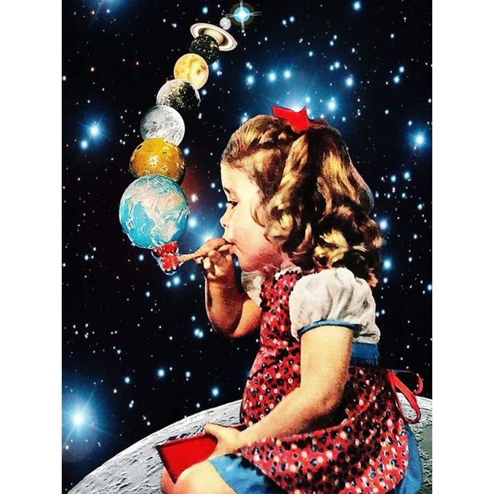 Kit broderie cu diamante rotunde, 5D, 30 x 40cm, Model fetita, Multicolor