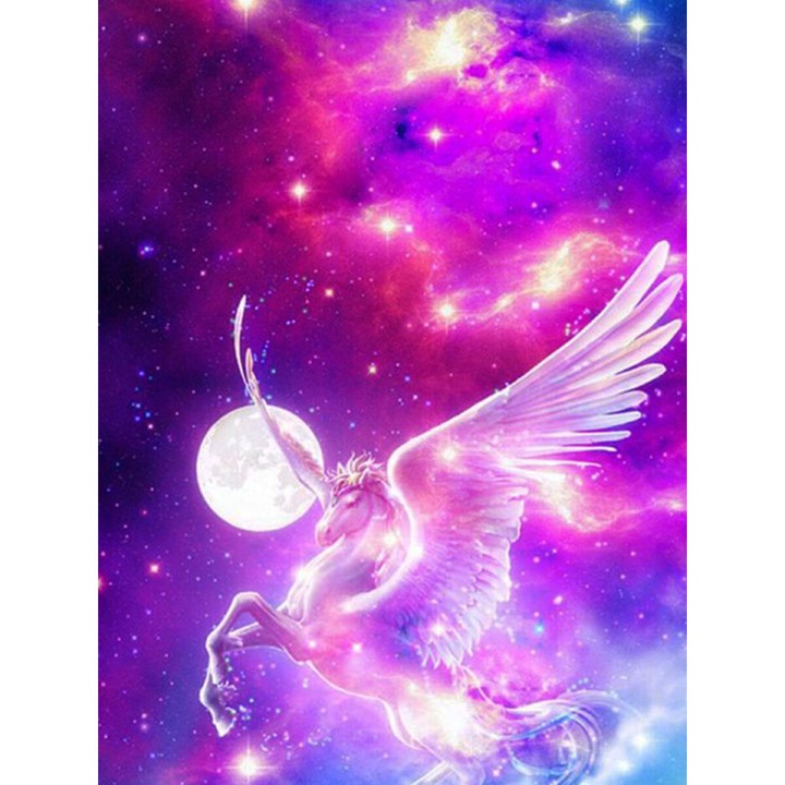 Kit broderie cu diamante rotunde, 5D, 30 x 40cm, Model pegasus, Multicolor