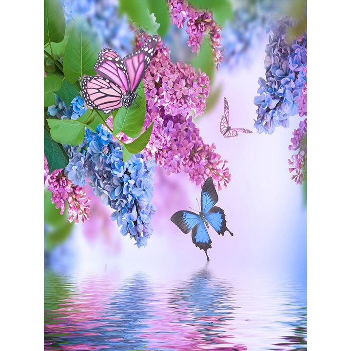 Kit broderie cu diamante rotunde, 5D, 30 x 40 cm, Model flori, Multicolor