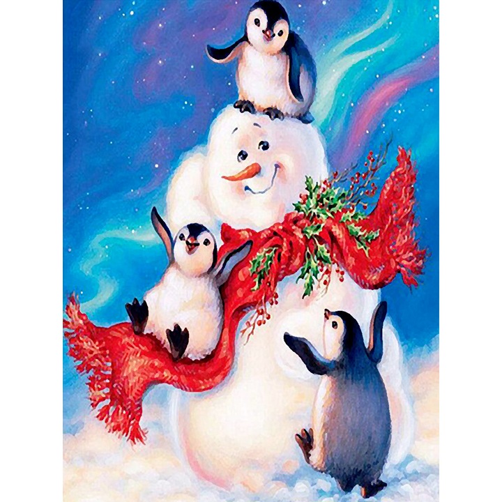 Kit broderie cu diamante rotunde, 5D, 30 x 40cm, Model om de zapada, Multicolor