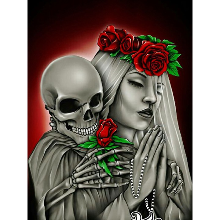 Kit broderie cu diamante rotunde, 5D, 30 x 40cm, Model craniu si trandafiri, Multicolor