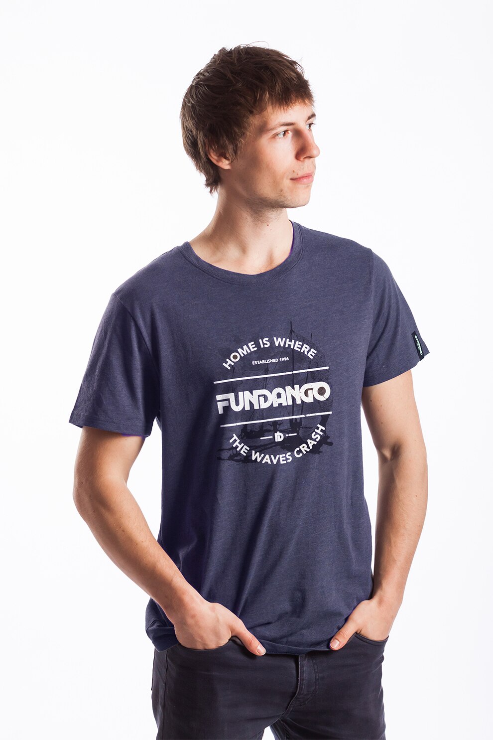 Fundango, Tricou regular fit cu imprimeu grafic si logo, Albastru inchis