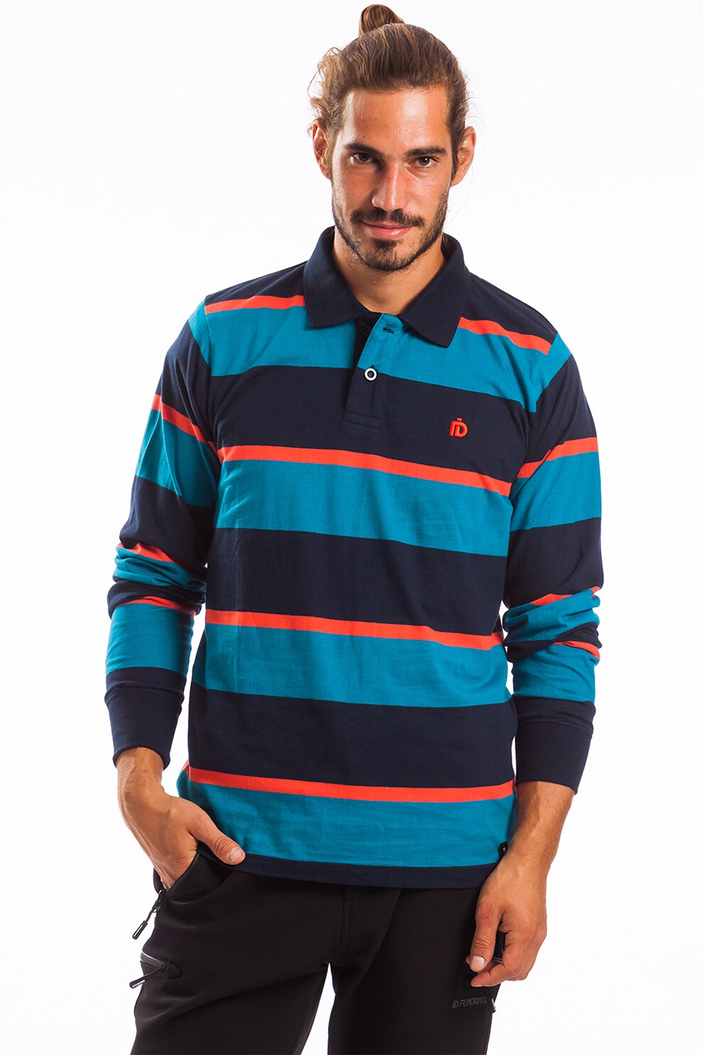 Fundango, Bluza polo din amestec de bumbac cu dungi, albastru, oranj mandarina, S