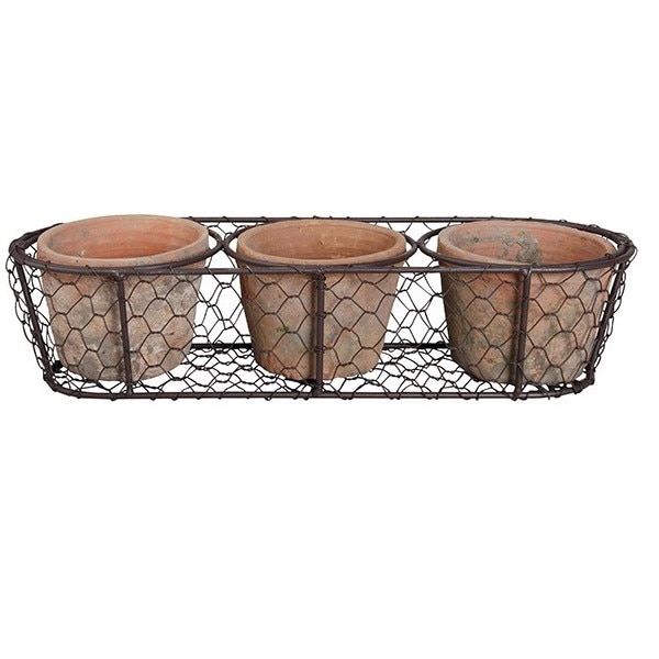 Set 3 ghivece teracota in suport metalic plasa, 14x37x8 cm