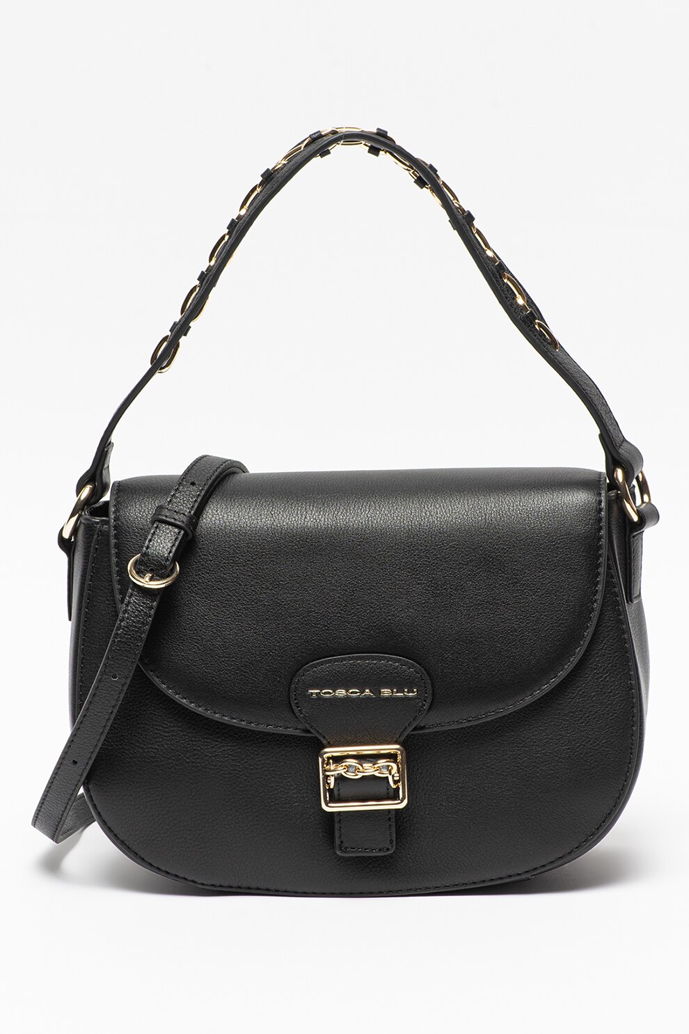Tosca Blu, Geanta crossbody de piele cu detaliu lant Lampone, Negru
