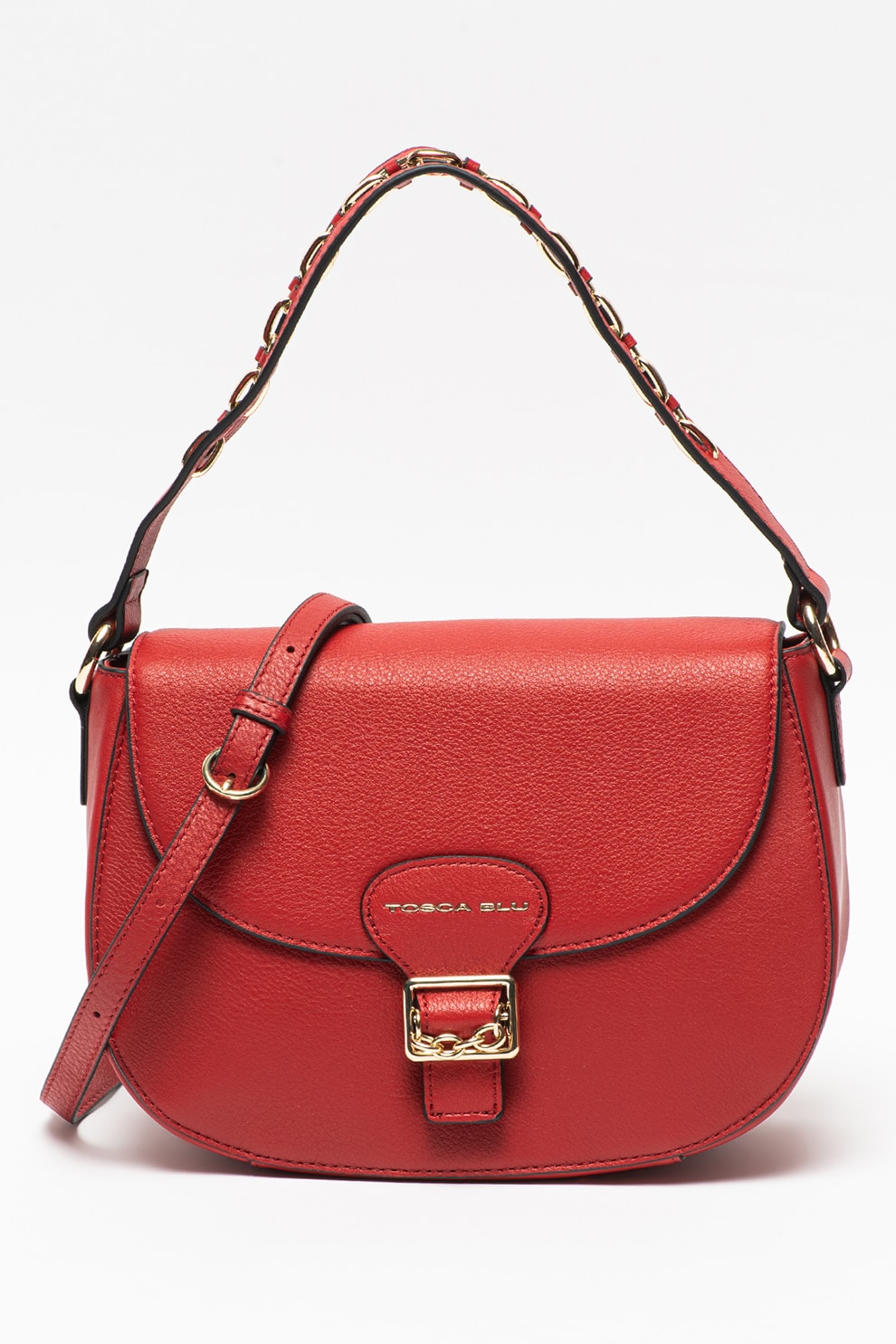 Tosca Blu, Geanta crossbody de piele cu detaliu lant Lampone, Rosu inchis