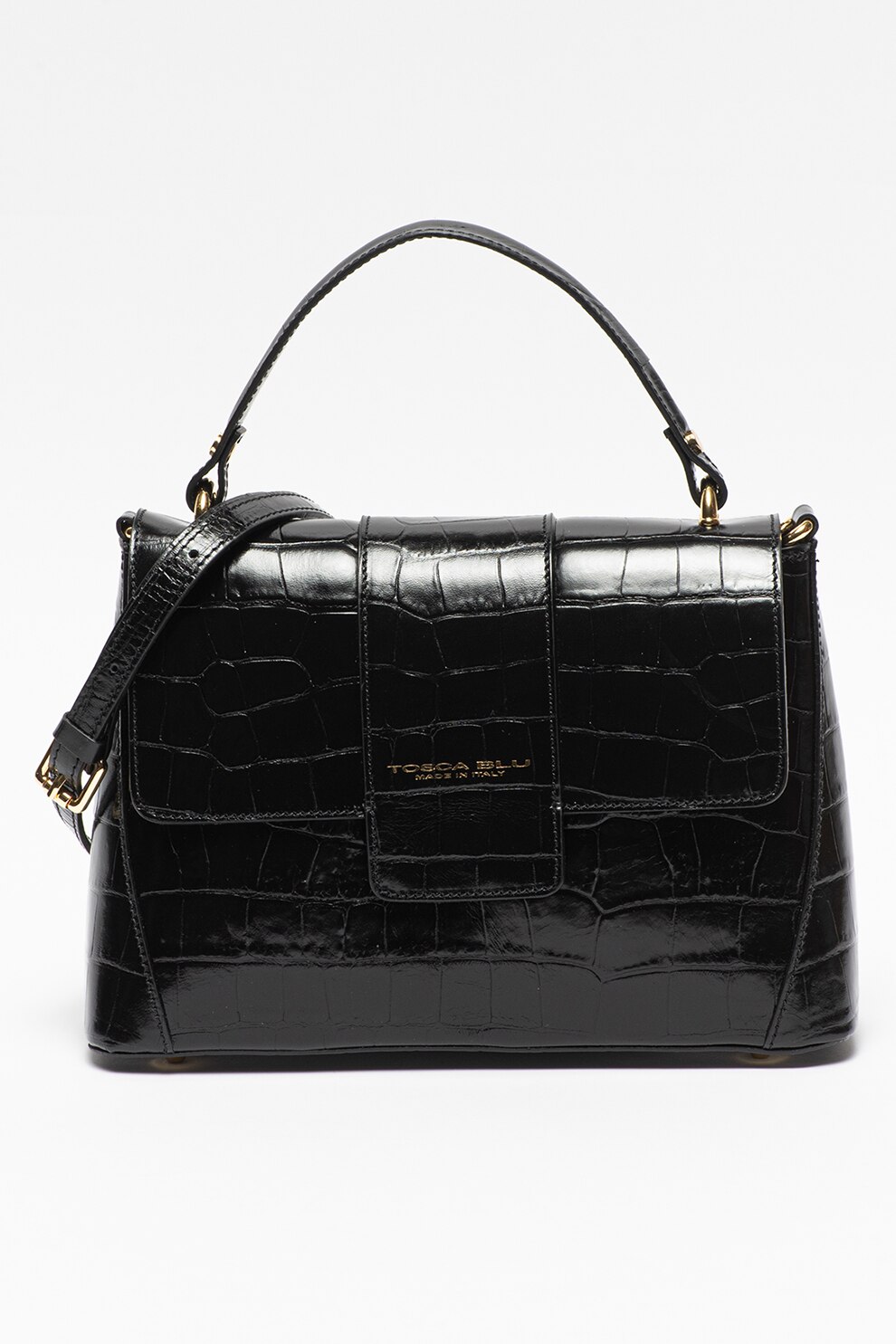 Tosca Blu, Geanta de piele cu bareta de umar si aspect de piele de crocodil Tic-Tac, Negru