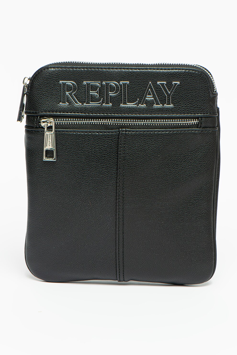 Replay, Geanta crossbody din piele ecologica cu logo, Negru