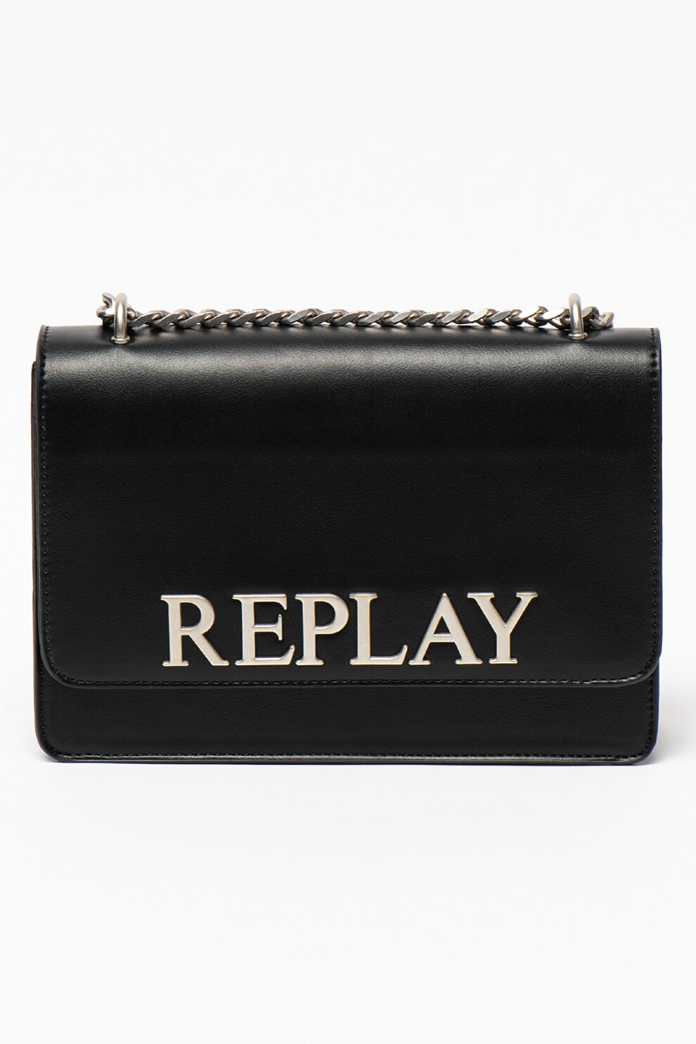 Replay, Geanta crossbody de piele ecologica cu logo metalic, Negru