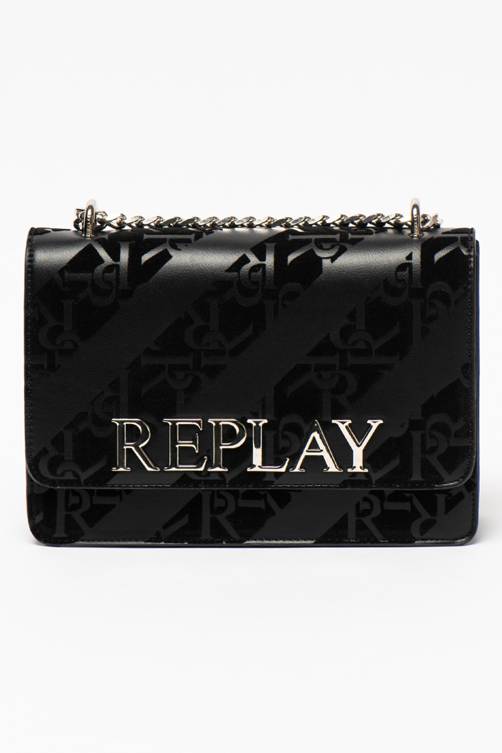 Replay, Geanta de piele ecologica cu bareta de umar si monograma, Negru