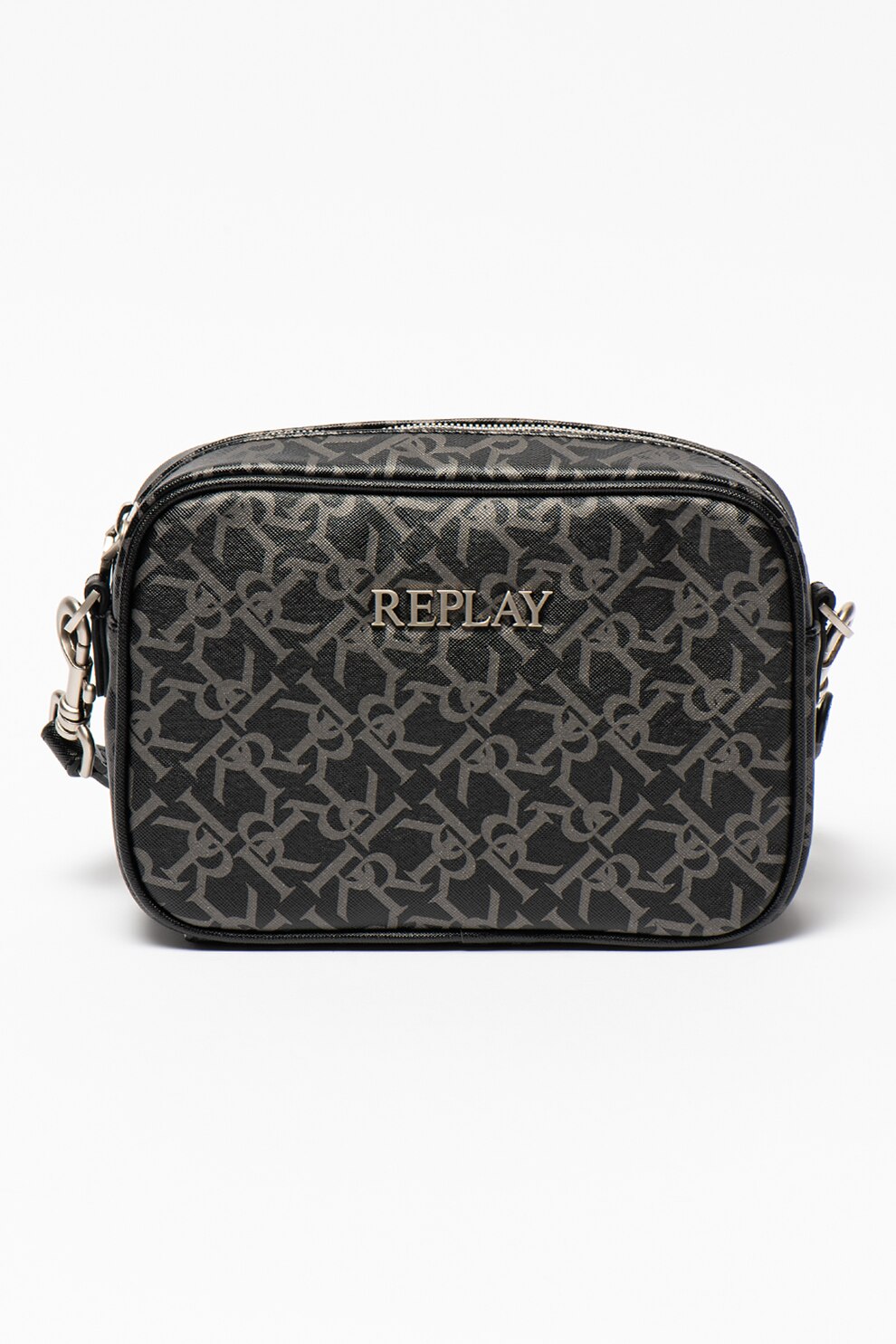 Replay, Geanta crossbody cu monograma, Negru/Gri