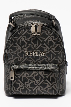 Replay, Rucsac de piele ecologica cu monograma, Negru/Gri Replay, Rucsac de piele ecologica cu monograma, Negru/Gri