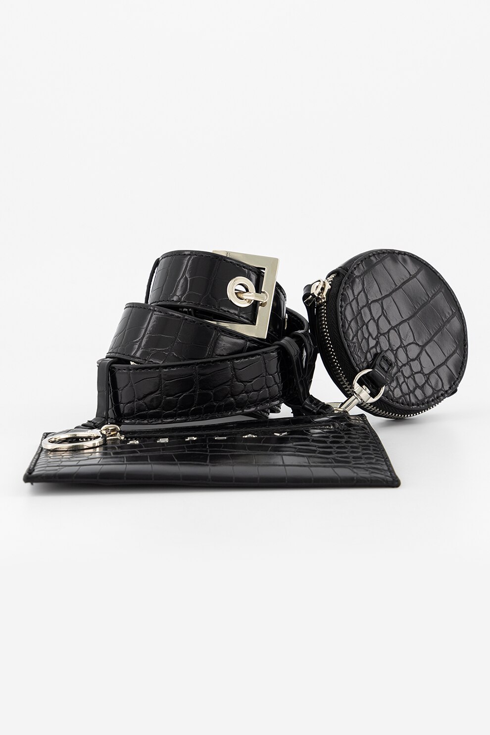 Replay, Set de curea de piele ecologica, portofel si etui - 3 piese, Negru