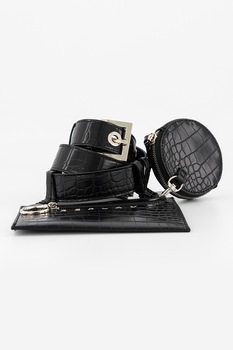 Replay, Set de curea de piele ecologica, portofel si etui - 3 piese, Negru Replay, Set de curea de piele ecologica, portofel si etui - 3 piese, Negru