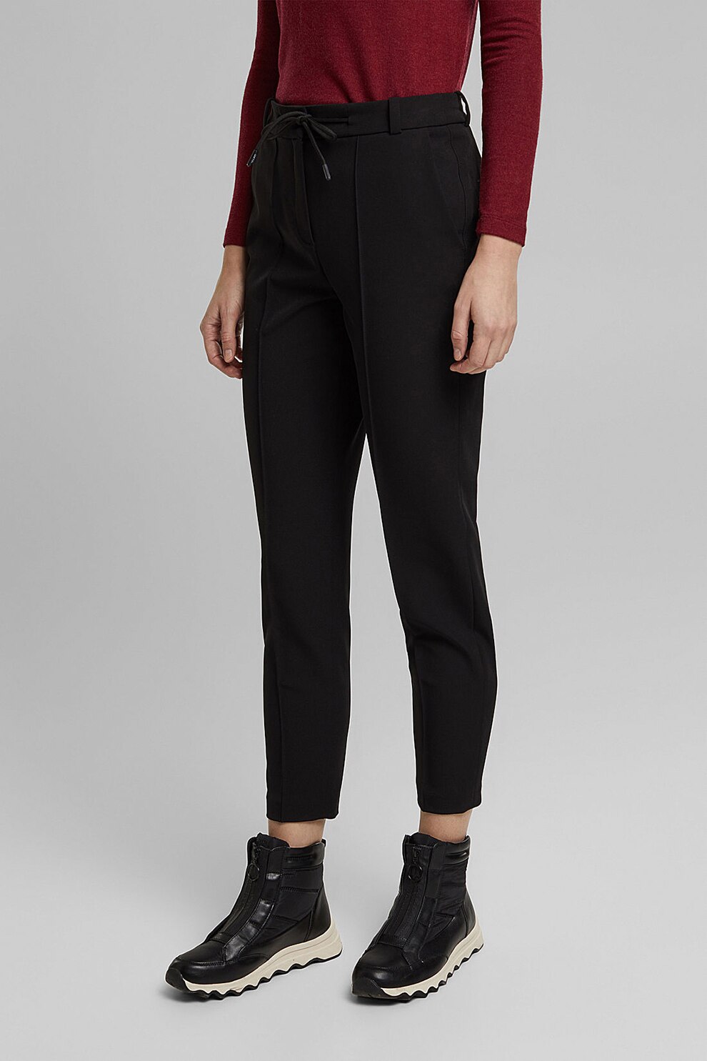 Esprit, Pantaloni cu talie elastica si snur, Negru