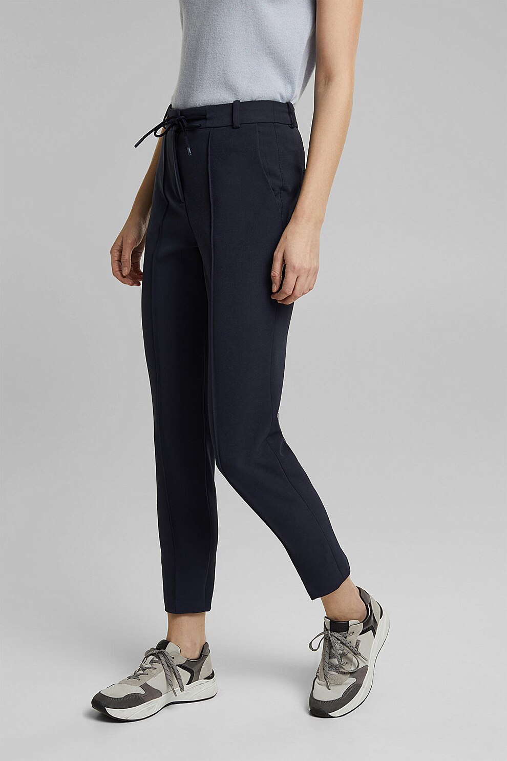 Esprit, Pantaloni cu talie elastica si snur, Bleumarin