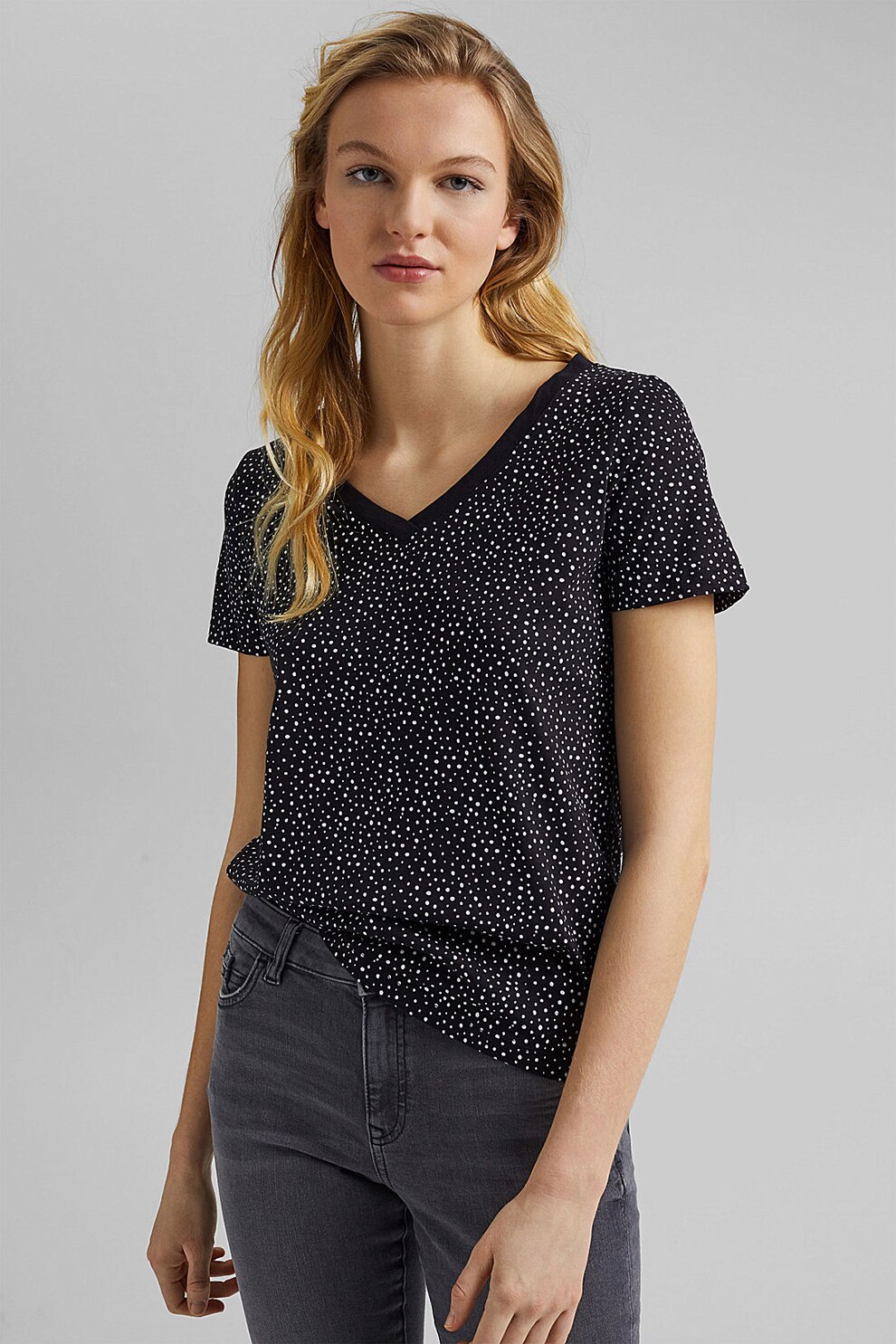 EDC by Esprit, Tricou de bumbac organic cu decolteu in V, Negru/Alb