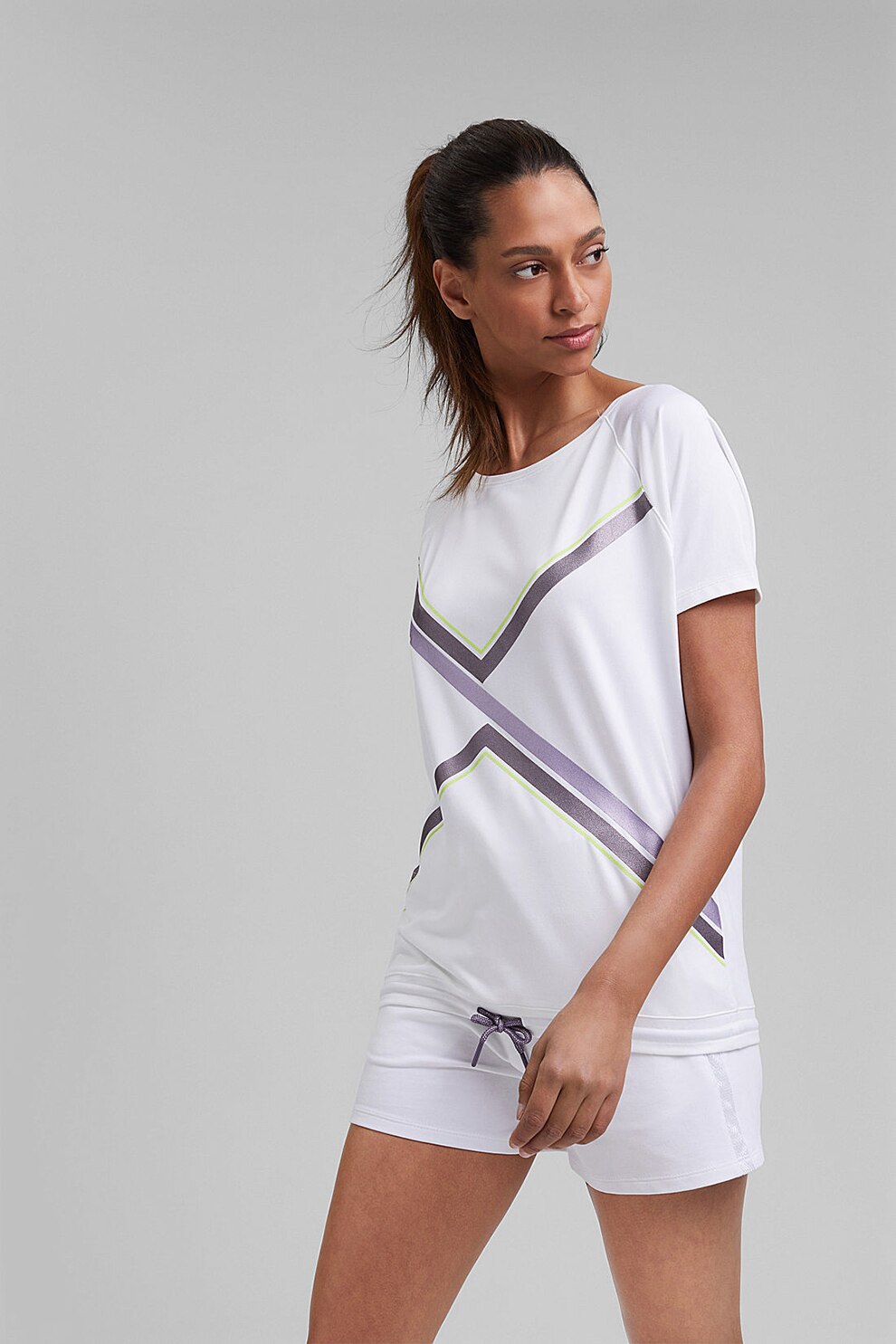 Esprit, Tricou cu decolteu rotund, Alb optic/Argintiu, S