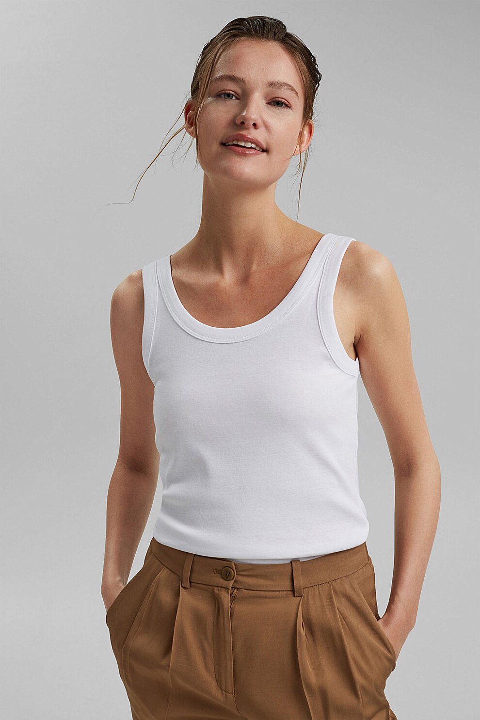 Esprit, Top de bumbac organic, Alb, XL