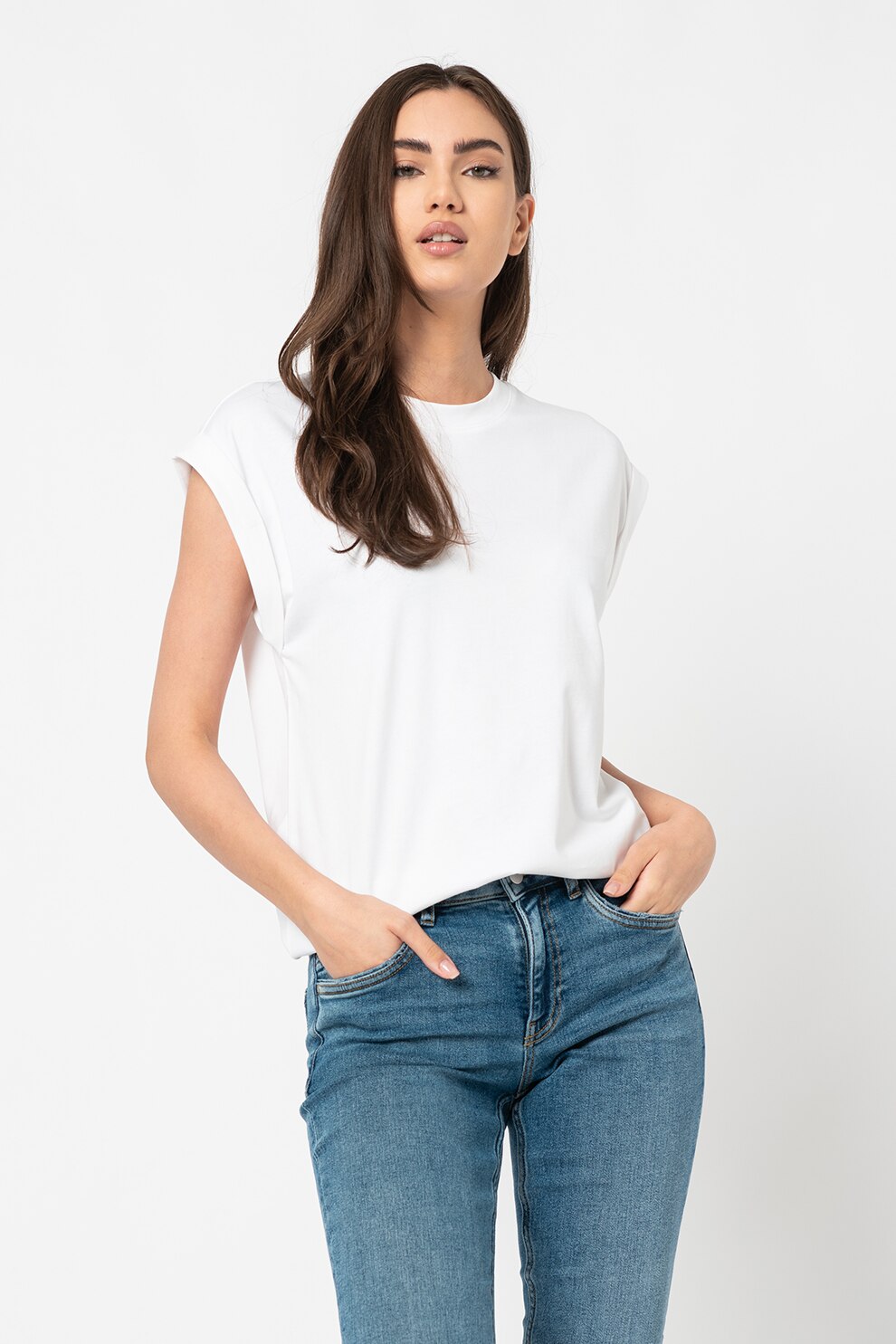 Esprit, Tricou din bumbac organic cu decolteu la baza gatului, Alb