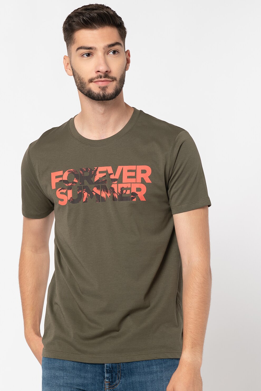 EDC by Esprit, Tricou regular fit din bumbac organic, Verde marin/rosu vermilion/negru, M