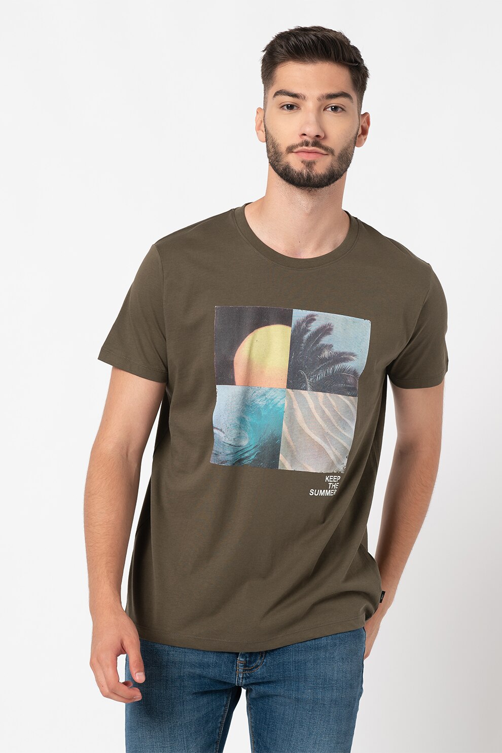 EDC by Esprit, Tricou regular fit din bumbac organic, Verde militar/Negru/Albastru, L