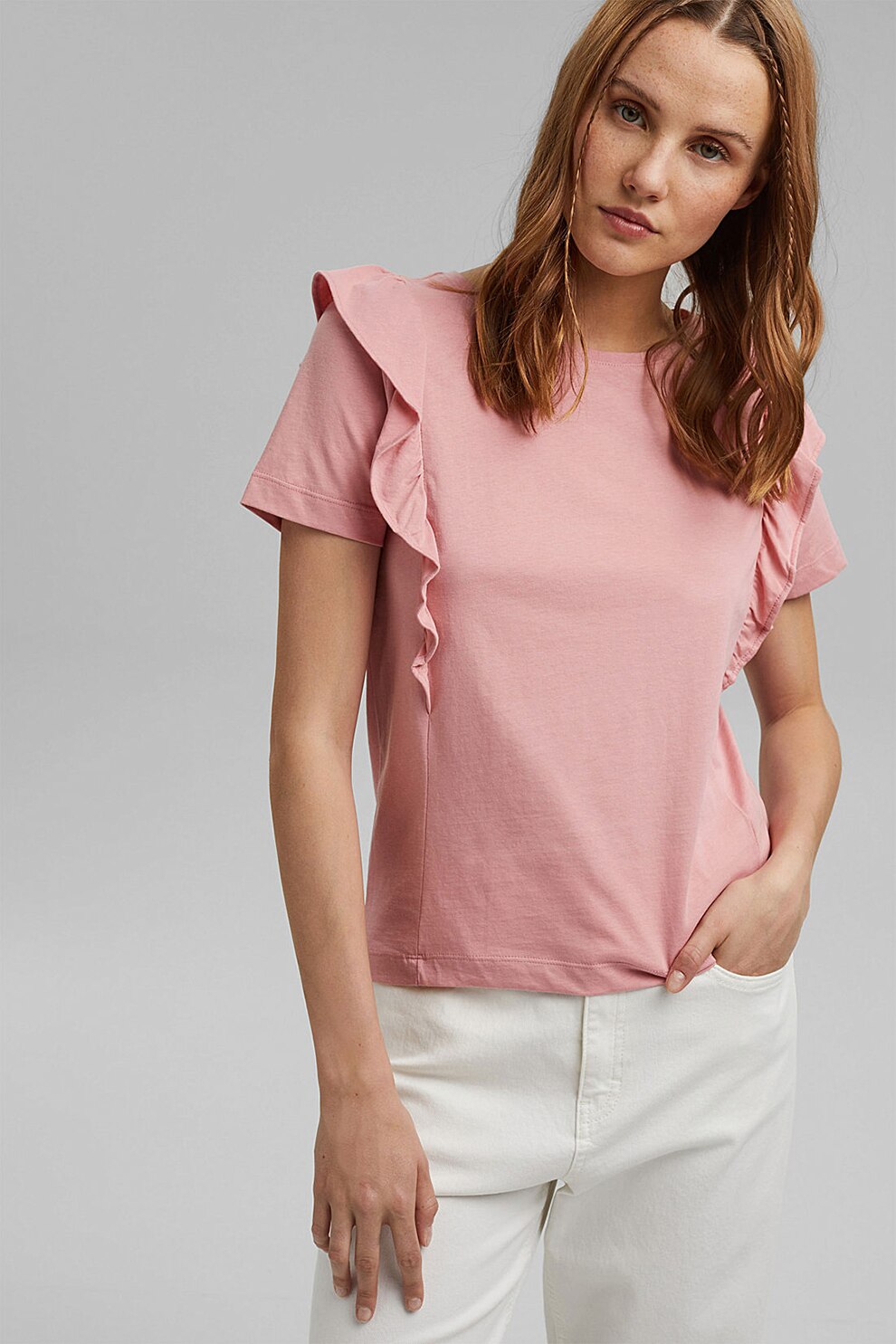 EDC by Esprit, Tricou de bumbac organic cu volane, Roz pastel