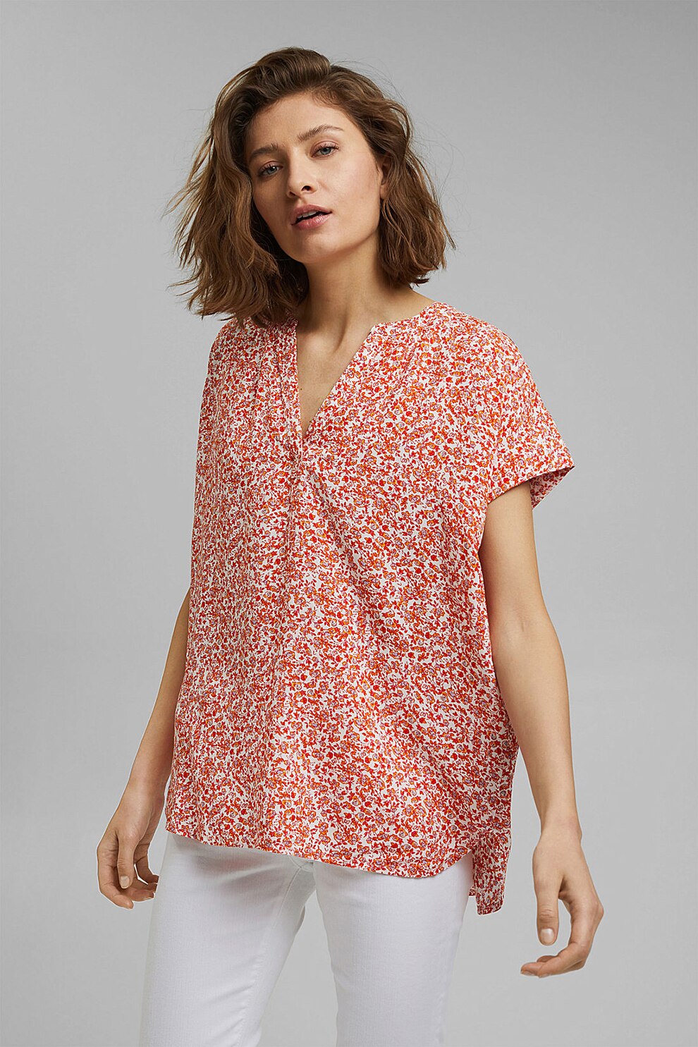 Esprit, Bluza lejera cu maneci scurte si model paisley, Alb/Rosu/Oranj