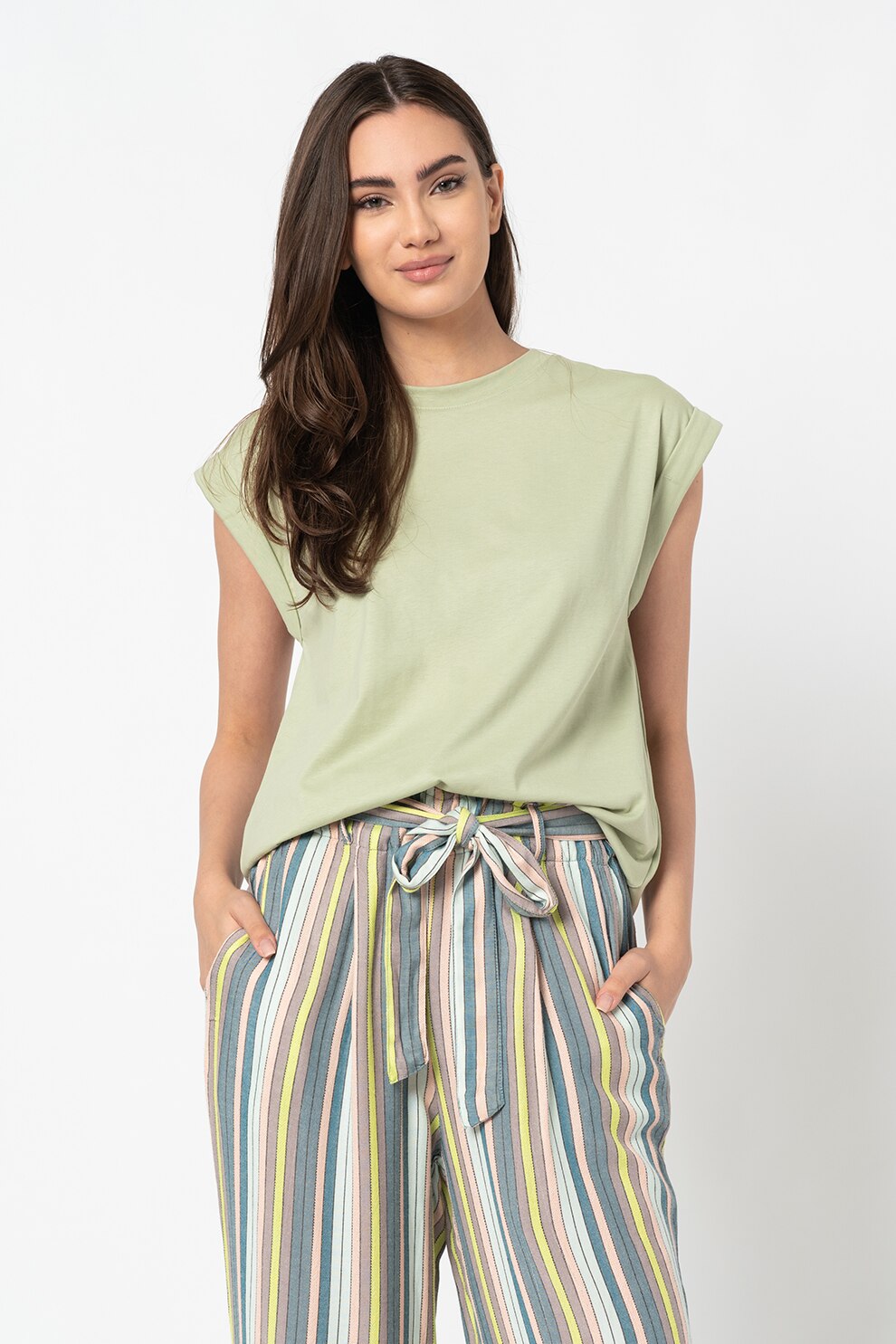 Esprit, Tricou din bumbac organic cu decolteu la baza gatului, Verde deschis