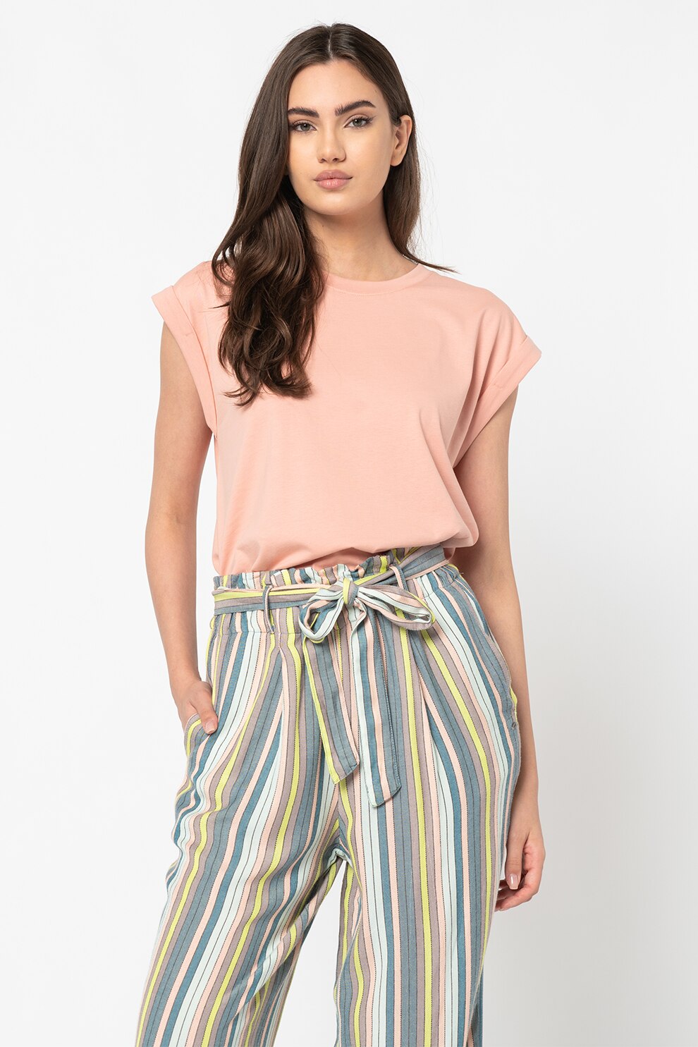 Esprit, Tricou din bumbac organic cu decolteu la baza gatului, Piersica
