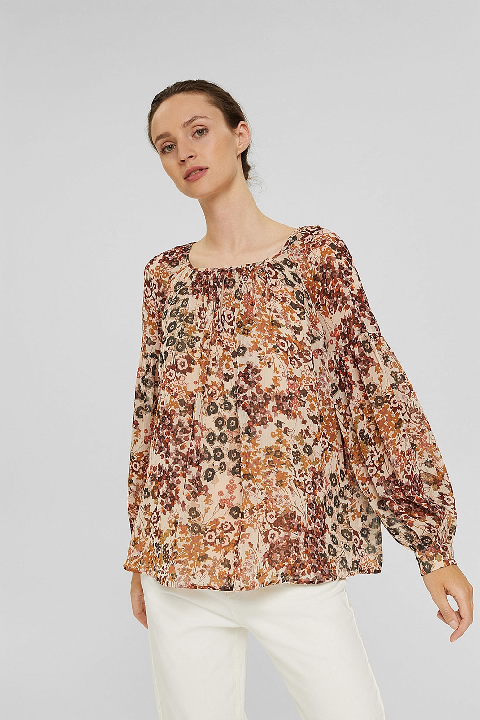 Esprit, Bluza cu imprimeu floral si maneci bufante, Maro camel/Maro coniac