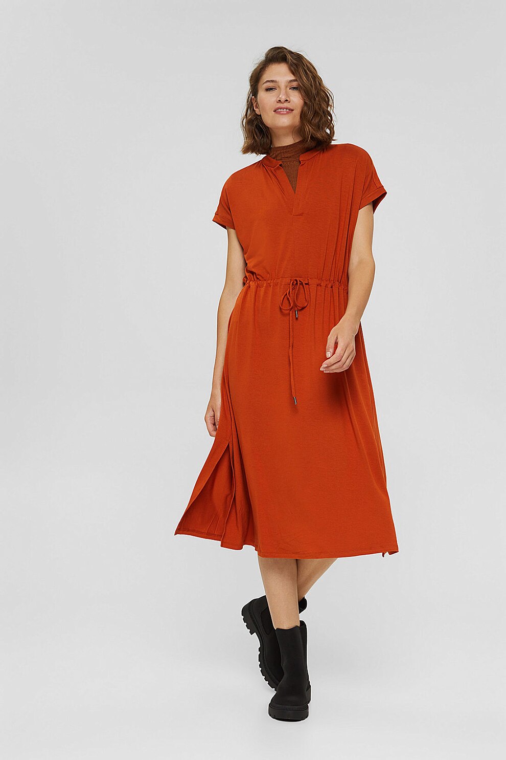 Esprit, Rochie midi cu slituri laterale, Oranj stins
