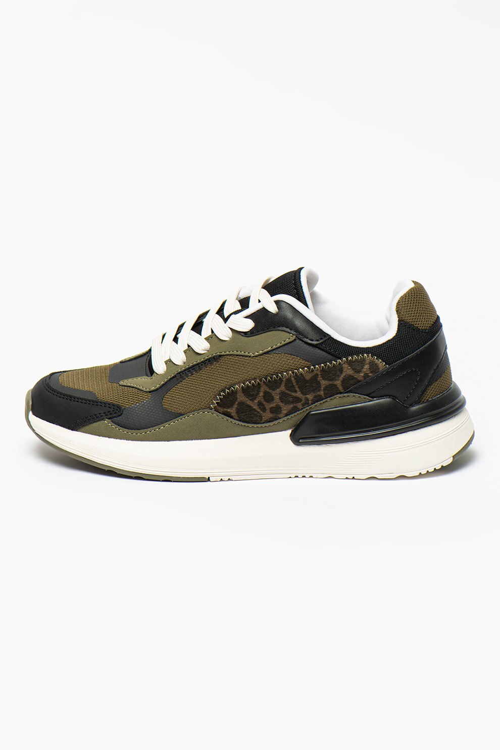 Bullboxer, Pantofi sport de piele ecologica cu insertii textile, Verde militar/Negru