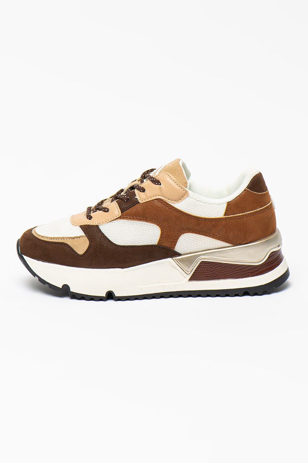 Bullboxer, Pantofi sport de piele ecologica cu insertii textile, Maro/Alb
