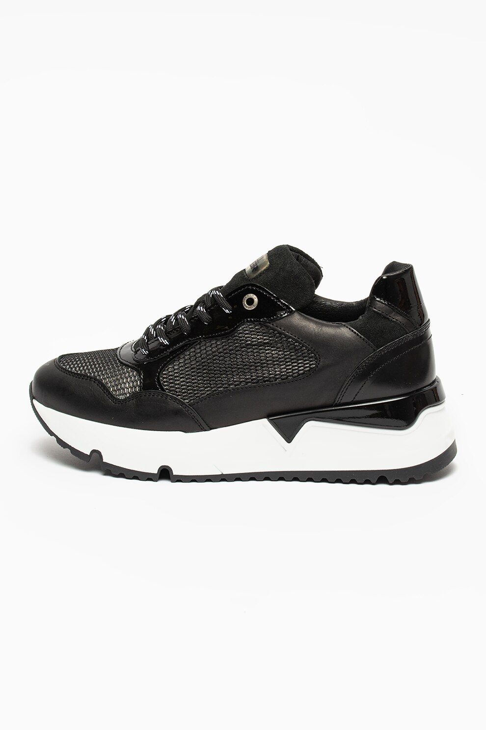 Bullboxer, Pantofi sport din piele cu talpa wedge si insertii din material textil, Negru/Alb