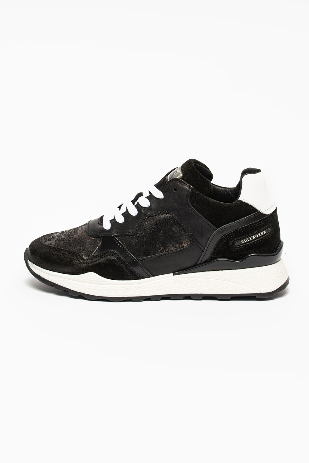 Bullboxer, Pantofi sport din piele si piele intoarsa cu model colorblock, Negru/Alb