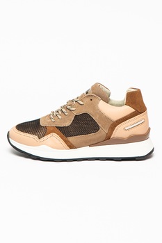Bullboxer, Pantofi sport din piele si piele intoarsa cu model colorblock, Maro nisip/Maro taupe