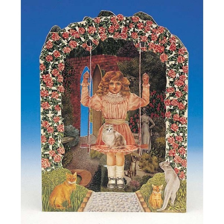 Felicitare 3D Fetita si pisica in balansoar-Swing Cards