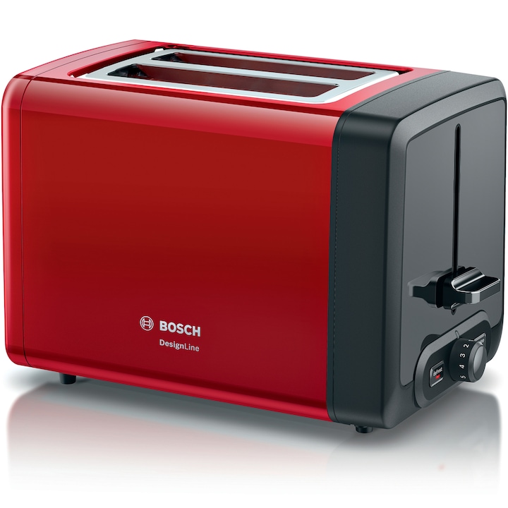 Prajitor de paine Bosch DesignLine TAT4P424, 970W, 2 felii de paine, control variabil de rumenire, functie decongelare si incalzire, rosu