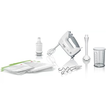 Mixer de mana Bosch Ergomix MFQ364V0, 450 W, 5 viteze + Turbo, Pasator, Vas gradat, pompa pentru vidare, Alb/Gri Mixer de mana Bosch Ergomix MFQ364V0, 450 W, 5 viteze + Turbo, Pasator, Vas gradat, pompa pentru vidare, Alb/Gri