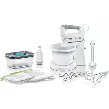 Mixer de mana Bosch Ergomixx MFQ364V6, 450 W, 5 viteze + Turbo, bol 3 l, Pasator, Vas gradat, pompa pentru vidare, Alb/Gri Mixer de mana Bosch Ergomixx MFQ364V6, 450 W, 5 viteze + Turbo, bol 3 l, Pasator, Vas gradat, pompa pentru vidare, Alb/Gri