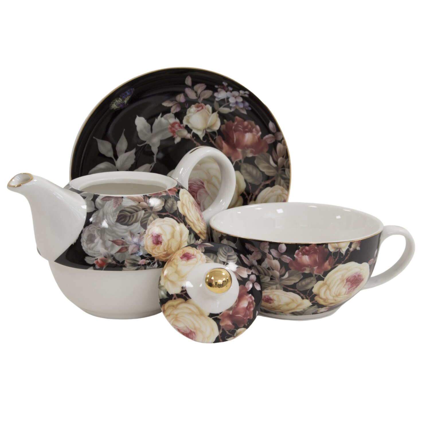 Set ceainic, cana si farfurie portelan, model floral negru, 450 ml