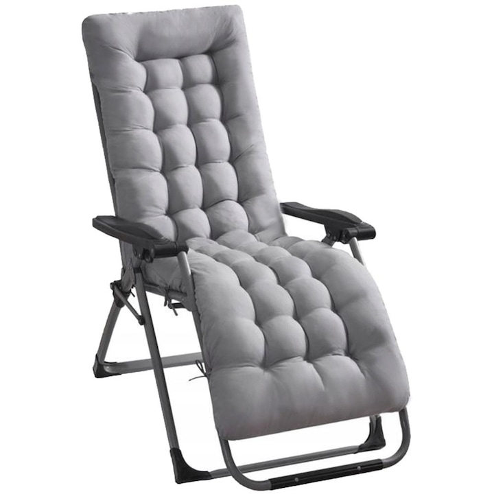 Дебела ватирана възглавница за шезлонг, пейка или градински стол с облегалка, размери 165x50x10 см, цвят сив